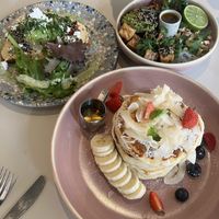 Classic pancakes, avocado hummus toast and noodle bowl with tofu  at Jord in Malmo