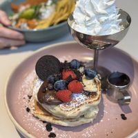 American pancakes Lyx and the Mexican nacho bowl in the background  at Jord in Malmo
