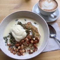 Millet porrige and cappucino with oat milk at Jord in Malmo