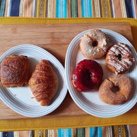 Pain au chocolat, croissant and donuts with blueberry and basil, white chocolate, coconut and sugar/cinnamon flavouring at Bageri Leve in Malmo