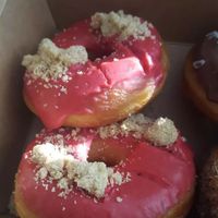 Friday donut with raspberry glaze and cookie crumbles at Bageri Leve in Malmo