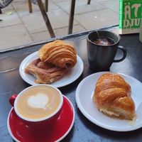 Pain au chocolat, morning bun, media luna, cappuccino and tea at Bageri Leve in Malmo