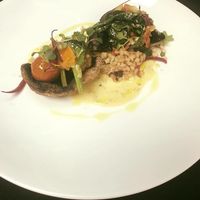 Our Vegan Special for this week: Stuffed Portobello Cap with farro, savoy spinach, wilted tomato, yellow squash, spiced coconut milk sauce, & hazelnut at Humphrey's Tavern in Glen Gardner