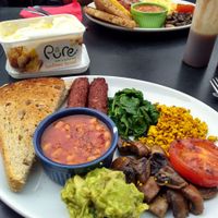 The food in the front and center is the vegan option. at Eastern Bloc Records' Cafe in Manchester