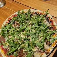 Mushroom and olive pizza, not very mushroomy, added vegan pepperoni, gluten free base as their regular bases aren't vegan at Bam Bam Italian in Avonsleigh
