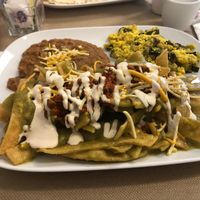Vegan Green Chilaquiles, Server said: all vegan you don’t have to worry about it!!  🥰 at Wild Rooster Bistro in Fair Oaks