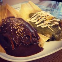 Tamales in mole & green sauce at Wild Rooster Bistro in Fair Oaks