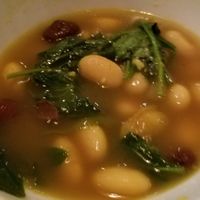 Beans-N-Greens ~ a small plate of heirloom beans and braising greens with white wine and lemon. at Wild Goat Bistro in Petaluma