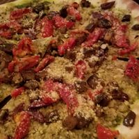 Gone Wild Pizza ~ kale pesto, eggplant, roasted tomatoes and kalamata olives at Wild Goat Bistro in Petaluma
