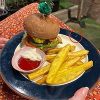 Vegan burger with sweet potato fries  at The Fisherman Vegan Restaurant   in Hoi An