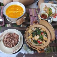 Pumpkin soup with coconut cream (very good), braised tofu and mushroom in claypot (very good!) and vegan pancakes at The Fisherman Vegan Restaurant   in Hoi An