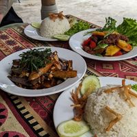 Aubergine and peanuts, rainbow veggies and vegan pork at Phong Nha Vegan in Phong Nha