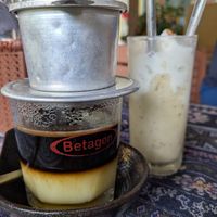 Vietnamese coffee (with soy) and banana and coconut smoothie at Phong Nha Vegan in Phong Nha