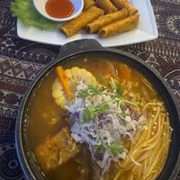 spring rolls and spicy soup  at Phong Nha Vegan in Phong Nha