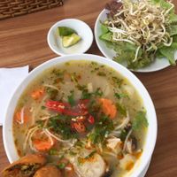 Soup with rice noodle nd spring rolls at Phong Nha Vegan in Phong Nha