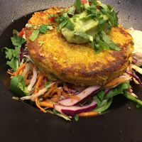 Lentils burger over quinoa salad  at Milwaukee Cafe in Biarritz