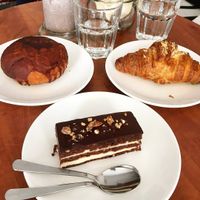Chocolate donut, chocolate almond cake, cheese croissant at A&J Bakery in Utrecht