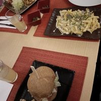 Tacos Mexicanos (vegan), homemade Lemonade, meat balls with tomato salsa (vegan), patatas al estilo chef (vegetarian), plato unico hamburger (vegetarian)  at Raices in Granada