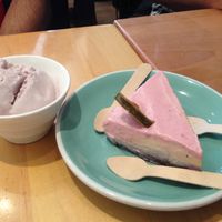 Rainbow cheesecake and raspberry ice cream at Hibiscus in Toronto