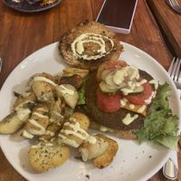 Lentil burger with fries  at Cafe Lurathapi Vegan Food - Maybe closed in La Paz