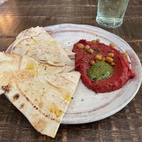Beetroot and ras el hanout hummus, pumpkin seeds pesto starter  at The Boars Head in Walgherton