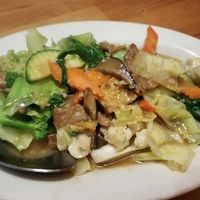 Vegetable stir fry in light garlic sauce (tasty) at Merit Vegan Restaurant in Sunnyvale