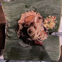 Banana leaf plate: rice, beans, plantains, onions and mango salad  at Riverwalk at Tin City in Naples