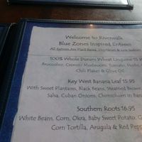 Their "blue zone" menu with plant based meals is on the back page of their regular menu at Riverwalk at Tin City in Naples