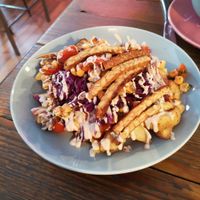 Loaded tempeh potatoes at RoseHip Vegan Kebabs in Vilnius