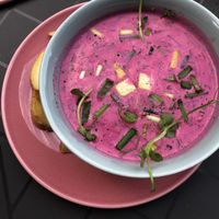 The classic Lithuanian cold beet root soup (šaltibarščiai) veganised! at RoseHip Vegan Kebabs in Vilnius