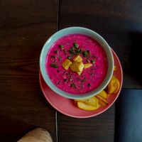 Cold beetroot soup at RoseHip Vegan Kebabs in Vilnius