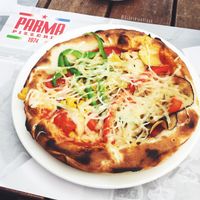 Vegan pizza with vegan cheese. at Pizzeria Parma in Ljubljana