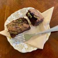Vegan Salted Pistachio brownie - delicious. (£4) at Me & Mrs Jones Deli in Torquay