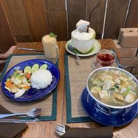 Tofu soup with fresh vegetables and glass noodle; steamed rice with stir fried vegetables & tofu.   at Sugar Cane in Pai