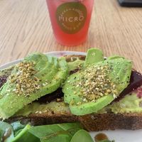 Avocado tartine and pink lemongrass lemonade  at Micro Bakery Kitchen in Central Singapore