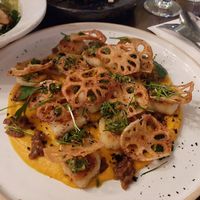 ginocchi? with pumpkin sauce, vegan minced beef and fried lotus roots at Monk's Butcher - Itaewon in Seoul