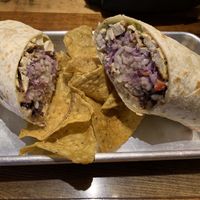 Tofu Burrito-my go to meal. Full of flavor w/beans, rice, tofu, slaw, guac, salsa and some of John’s secret hand crafted ingredients served with a side of their own homemade chip at Mojo Cafe in Ludlow