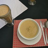 Inca warrior smoothie and a potato soup. at Garden of Vegan in Urubamba