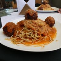 Spaghetti with bean balls. at Garden of Vegan in Urubamba