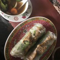 Vegan soup and vegan spring rolls with mock duck.   at Vo's Vietnamese Restaurant in Minneapolis