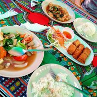 cashew nut, spicy tofu and fried spring rolls at Coconut Garden in Phuket