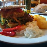vegan burger with patatas, padrones, coleslaw and pepper at El Estragon Vegetariano in Madrid