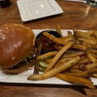 Vegan impossible burger with fries. at Bru Burger Bar in Carmel