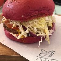 Hamburguesa con pan de betarraga, muy rico!  at Adhana in Santiago