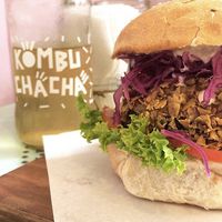 To-fish sandwich (Tofu) + Kombucha Cedrón at Adhana in Santiago