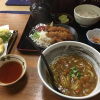 Curry udon (friends meal in background is non-veg) at Flowers - Tachibana in Hiroshima