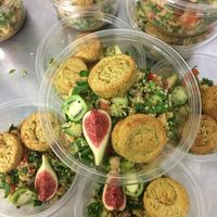 Taboulet vegan with falafel eggplant caviar and fruits at Organic Epicerie in Chamonix-mont-blanc