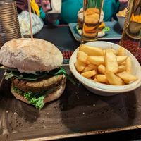 Burger with falafel patty, mushrooms and mushroom-sauce at Peter Pane - Invalidenstr in Berlin