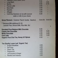 Hot beverage menu as of March 2018 at Scrumptious on Summer in Orange