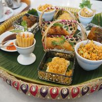 Vegan high tea - Savoury platter (Nasi ulam, Kueh pie ti, White bread with hae bi hiam, Popiah goreng, and Mutton rendang kongbak pao) at The Peranakan in Central Singapore